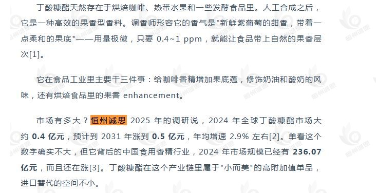 6月21日恒州诚思（YHResearch）发布的丁酸糠酯市场报告被微信公众号：化育万物上善若水 引用