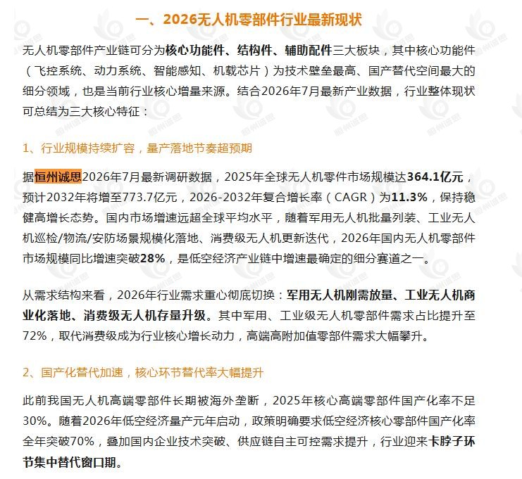 7月28日微信公众号：STABLE ANALYSIS引用了恒州诚思（YHResearch）发布的无人机零件市场报告