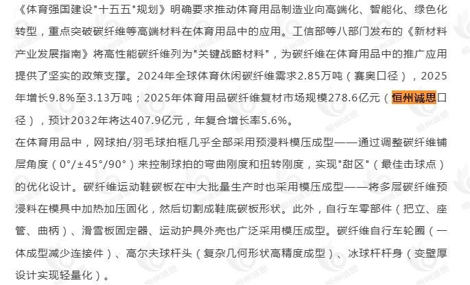 8月5日微信公众号：复材网引用了恒州诚思（YHResearch）发布的体育用品碳纤维复材市场报告