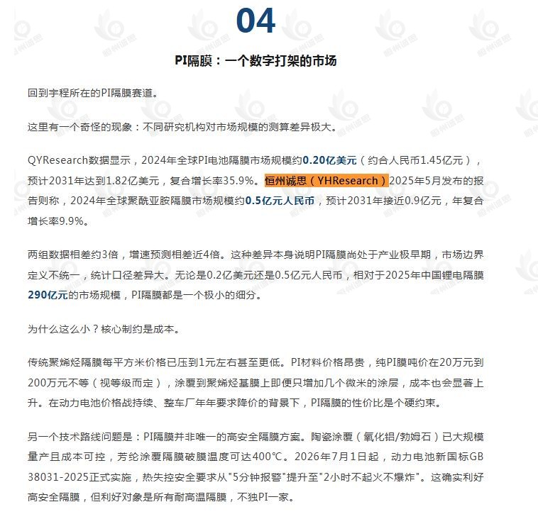 微信公众号：涂布+引用了恒州诚思（YHResearch）发布的聚酰亚胺隔膜市场报告